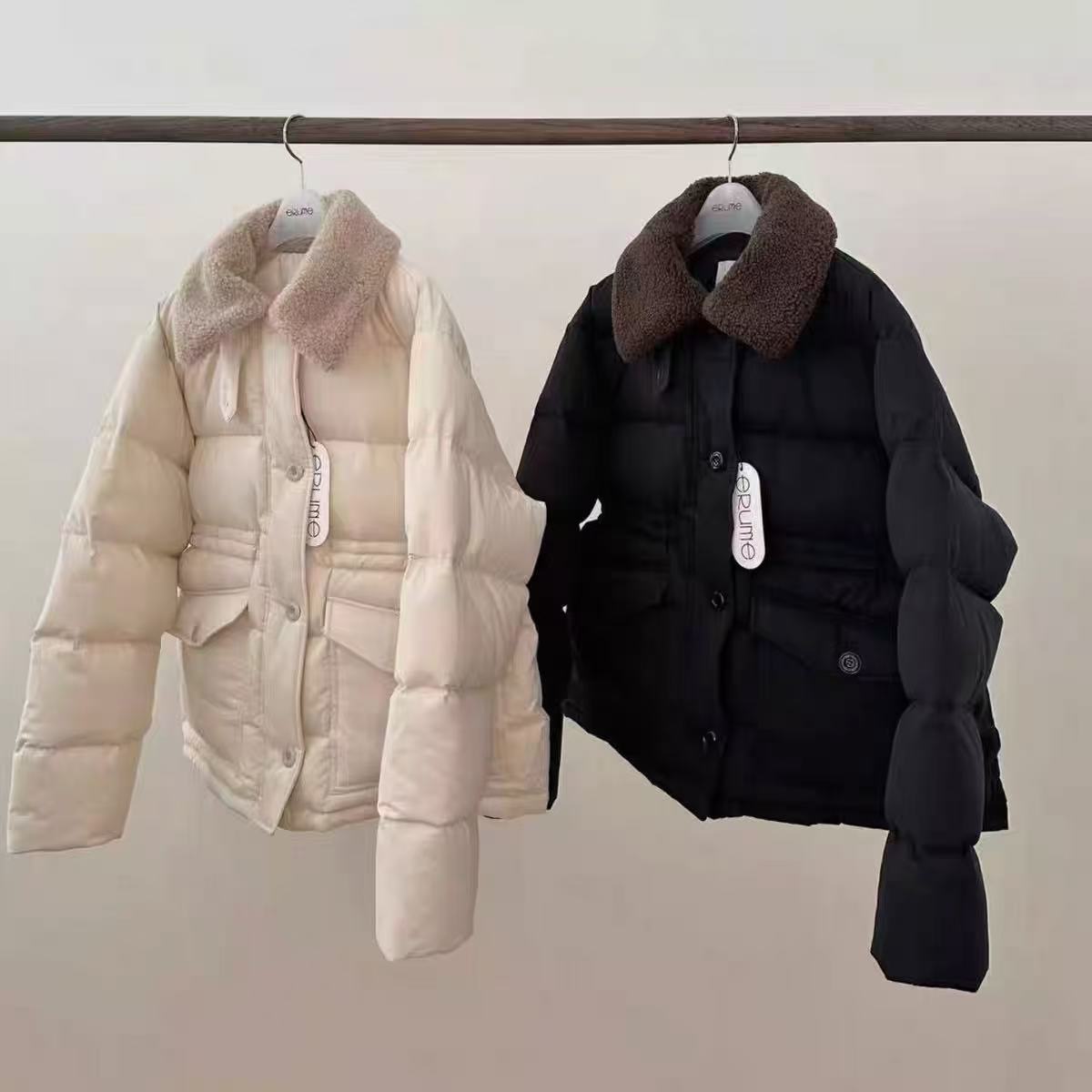 韩国东大门erume羊羔毛领羽绒服女抽绳收腰外套