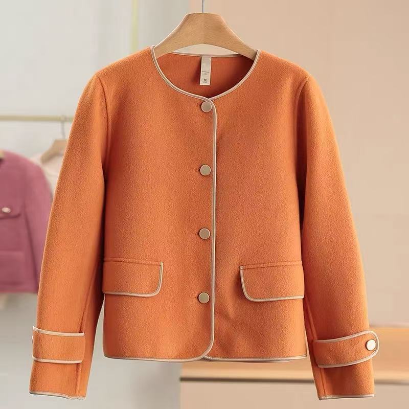 【JX7871橙色毛呢外套秋冬】WM时尚休闲大气橙色25新款双面呢短款