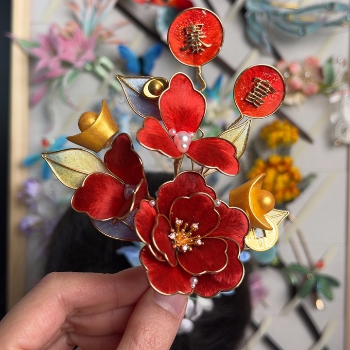 红色暴富掐丝扁绒绒花发簪17