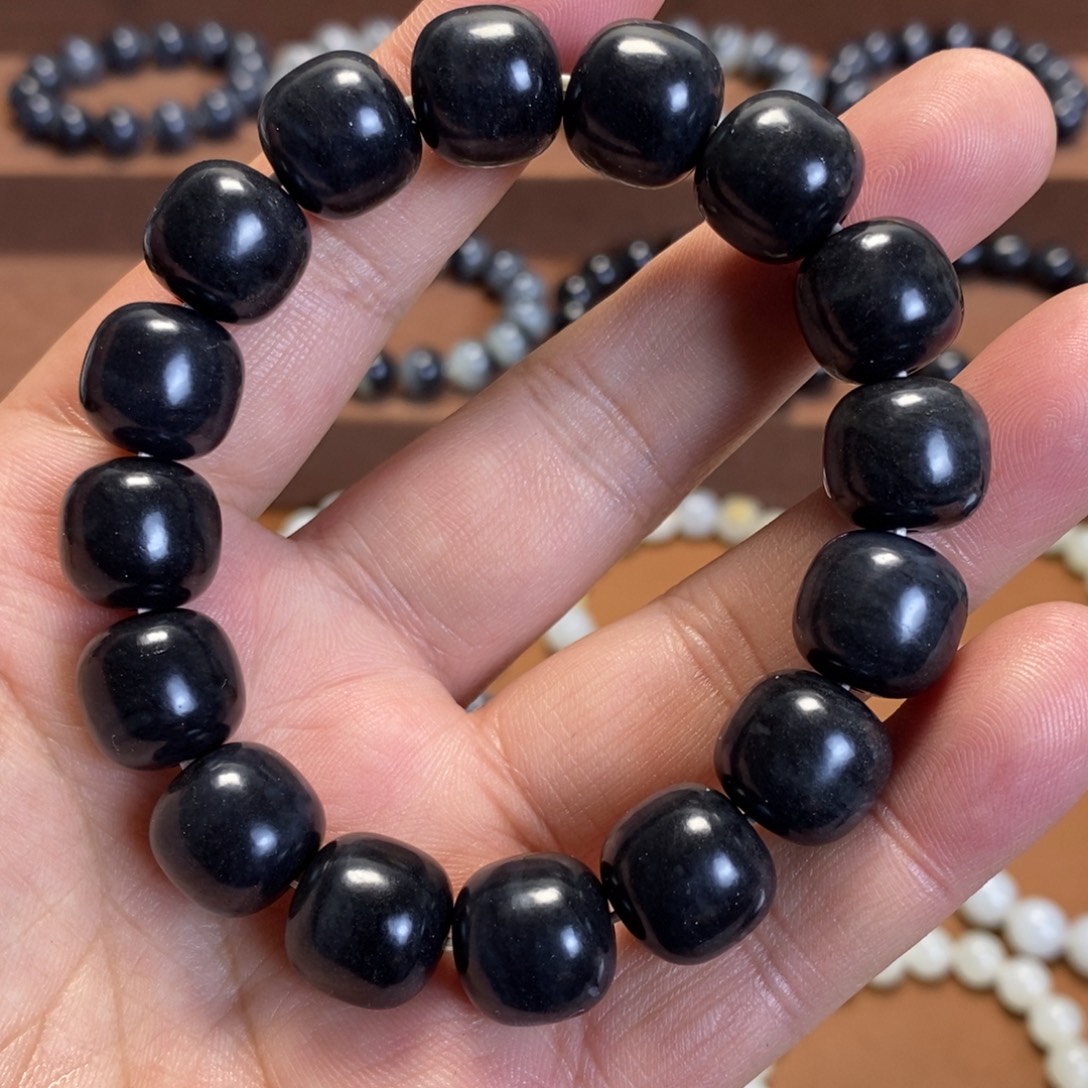 和田玉未镶嵌手串新疆和田玉青花聚墨墨玉12×13老型珠手串