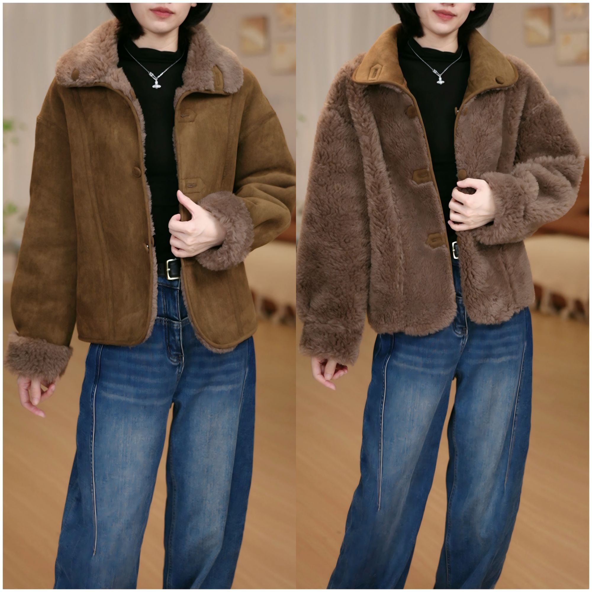 【6005】100%羊毛外套双面双穿宽松显瘦时尚加厚保暖-含