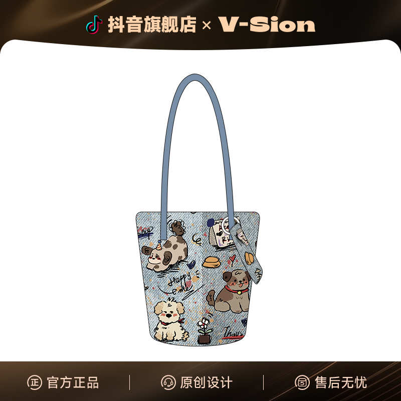 唯鑫V-SION牛仔狗狗新款原创水桶包斜挎单肩包通勤帆布夏天出门女