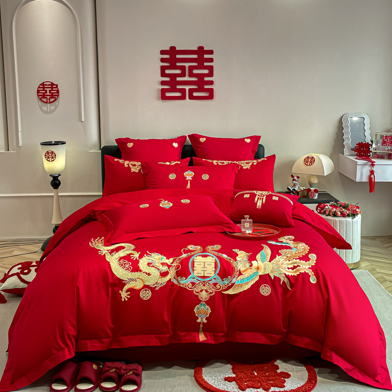 高档中式备婚结婚婚庆大红色四件套婚房四件套全棉刺绣结婚四件套