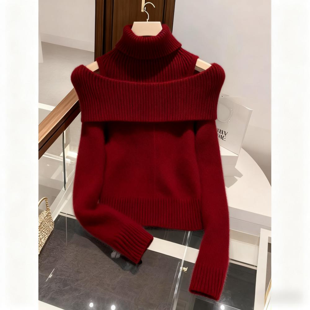 今年流行的爆款穿搭韩系显瘦减龄上衣堆堆领套头红色慵懒感针织衫