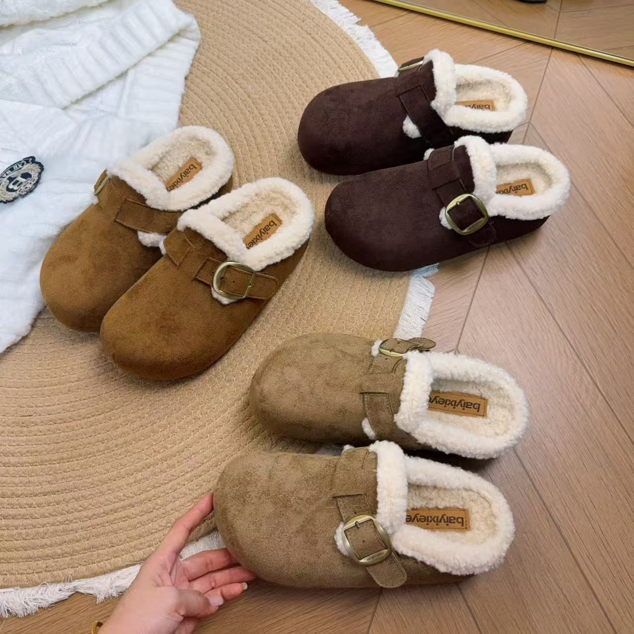 皮带扣毛毛加绒勃肯鞋女学院风防滑韩版包头拖厚底保暖防滑包头拖