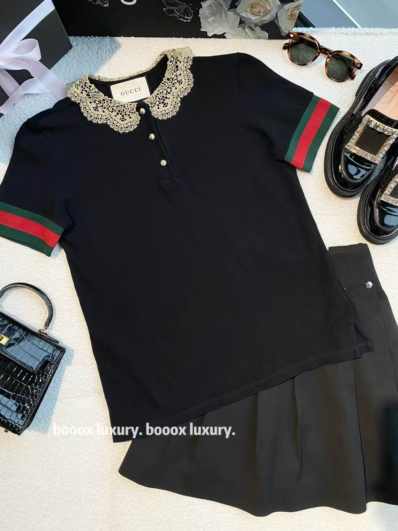 95新 GUCCI/古驰 QQ1022 棉 蕾丝荷叶边短袖 S码