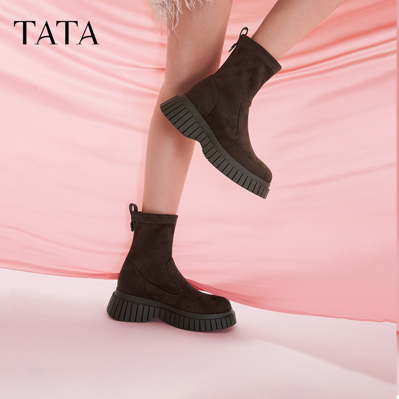 TATA他她休闲厚底弹力靴女靴子复古瘦瘦靴短靴新款CAC01DZ4