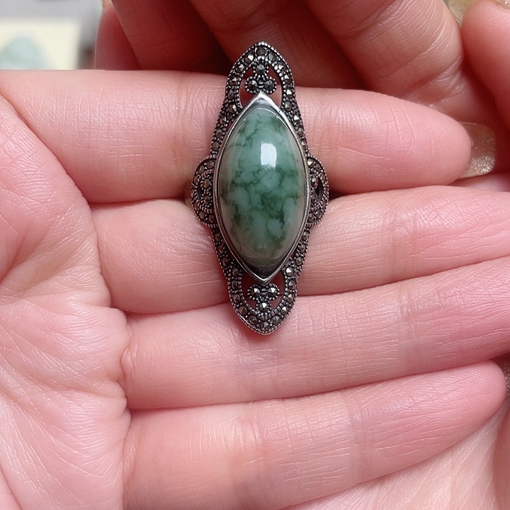 透闪石-蛇纹石玉戒指银S925镶嵌秀****