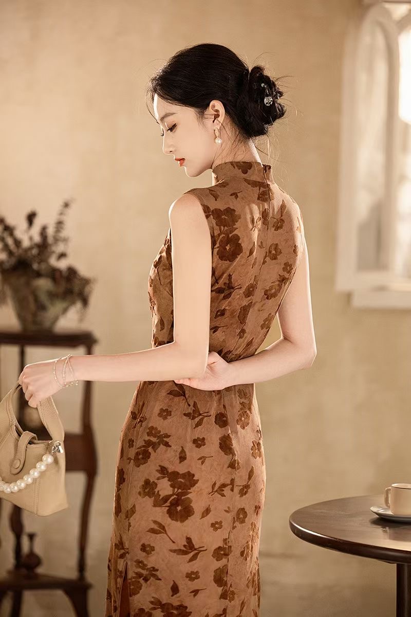 【一语雨】2025新款夏季无袖旗袍复古植绒衣长120