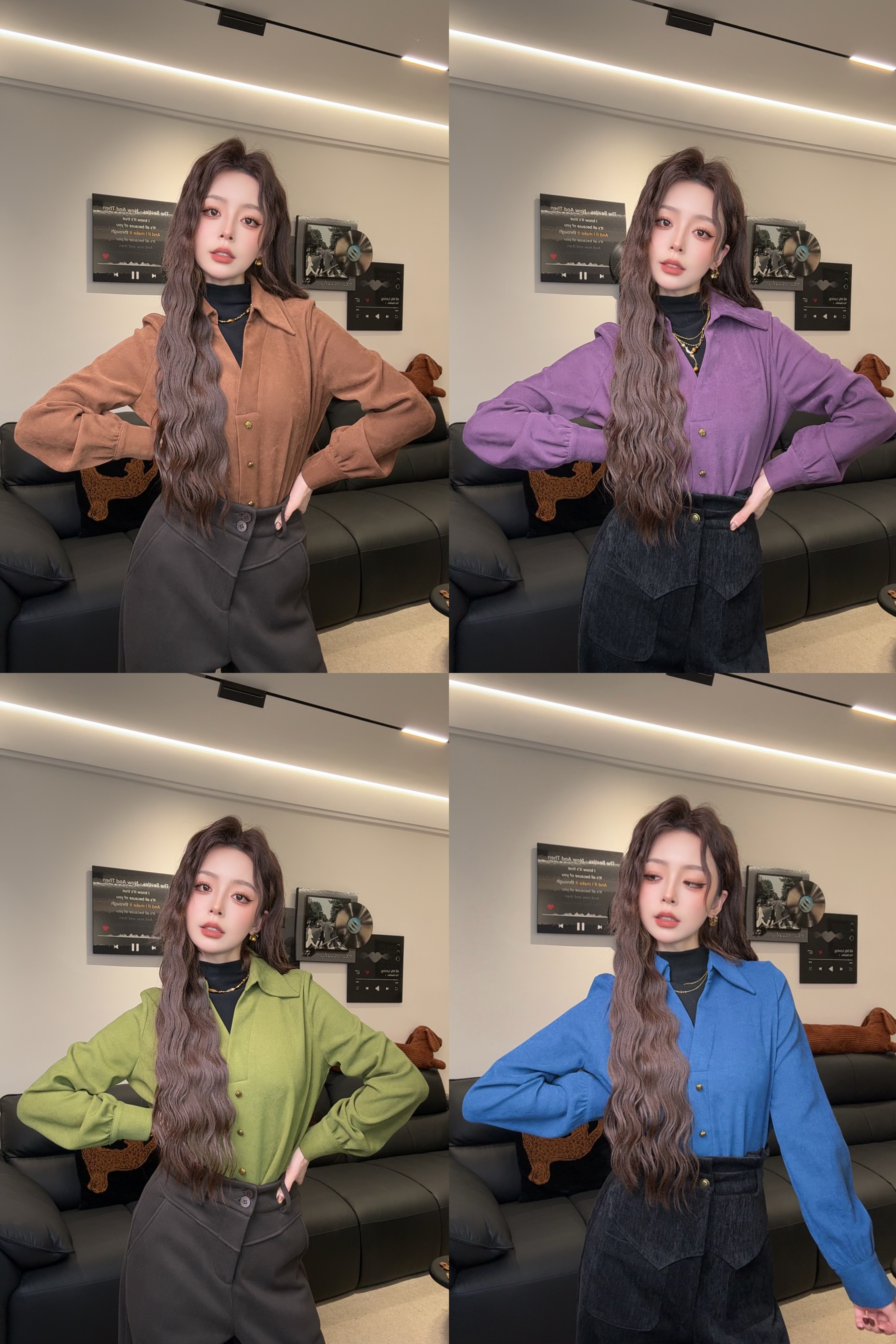 十一专属【海的那边】港味复古气质设计感假两件长袖上衣03247