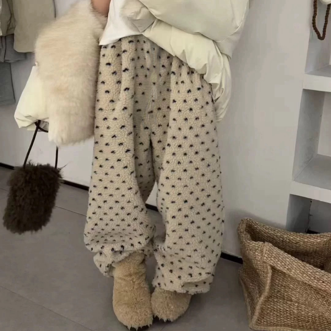 【爱心点点裤】Y韩风羔羔毛爱心可抽绳两穿直筒裤百搭毛绒休闲长裤