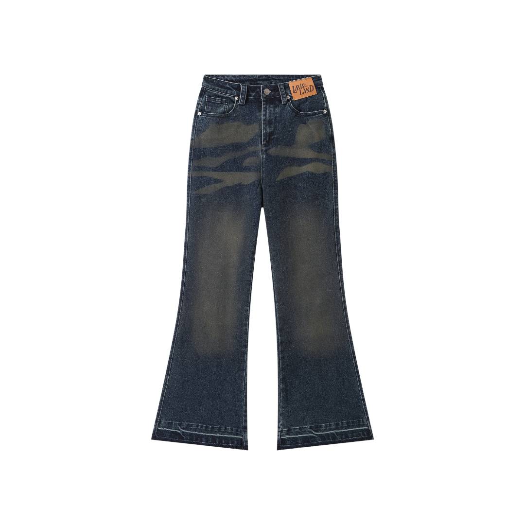 【脏脏裤】LAVALAND 做旧水洗脏染中高腰宽松弹力喇叭牛仔裤
