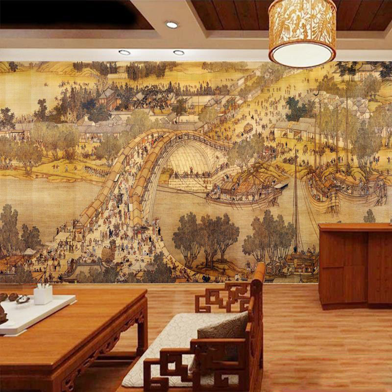 书房清明上河图墙纸酒店新中式古典餐厅壁纸客厅沙发电视背景墙布
