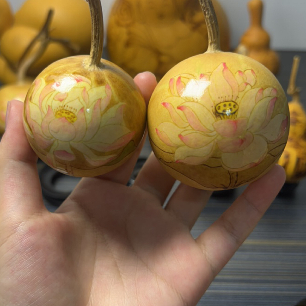 葫芦烙画荷花小 花卉烙画葫芦精工手工适合当摆件