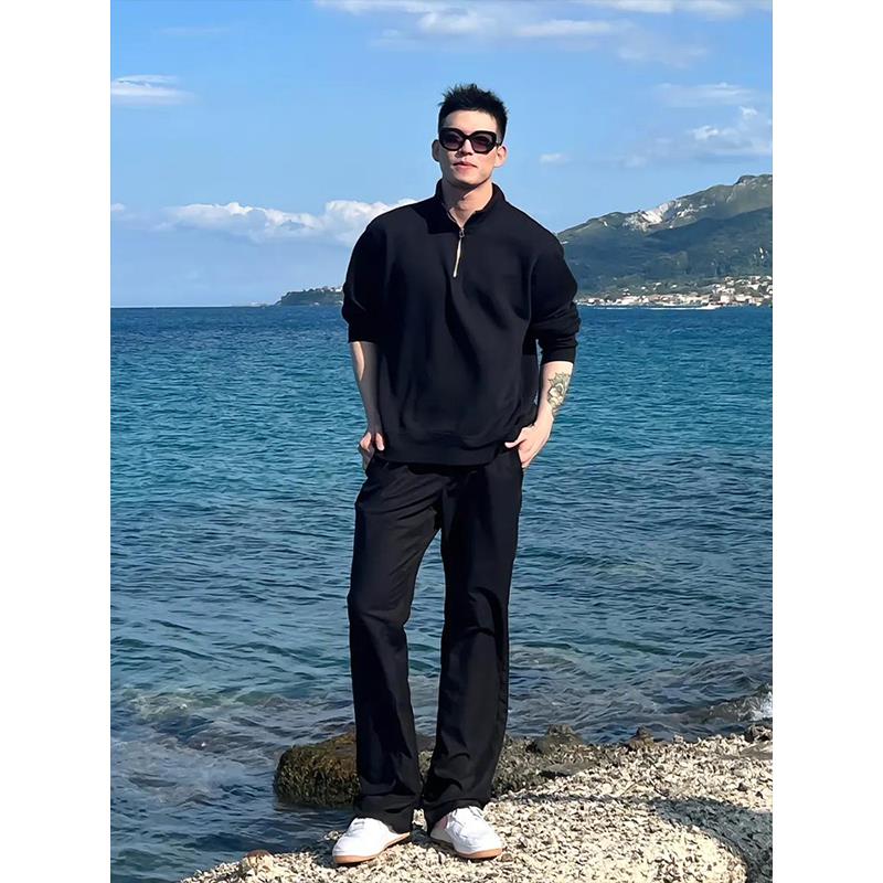 痞帅高级感黑色立领卫衣男春秋潮牌设计半拉链上衣内搭长袖打底衫