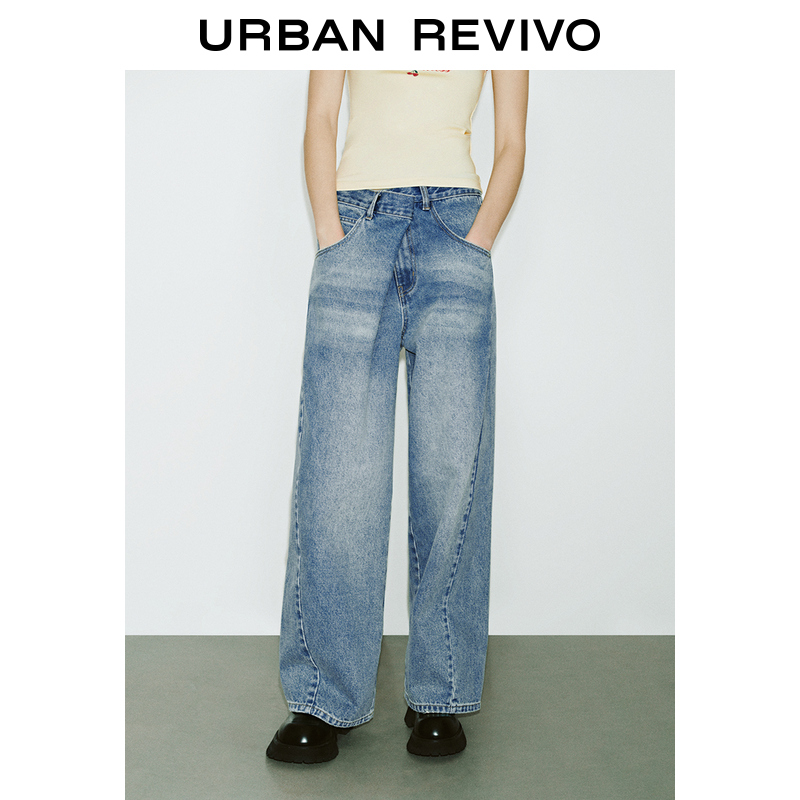UR2025春季新品女装欧若风不对称设计感棉质牛仔长裤UYV850025