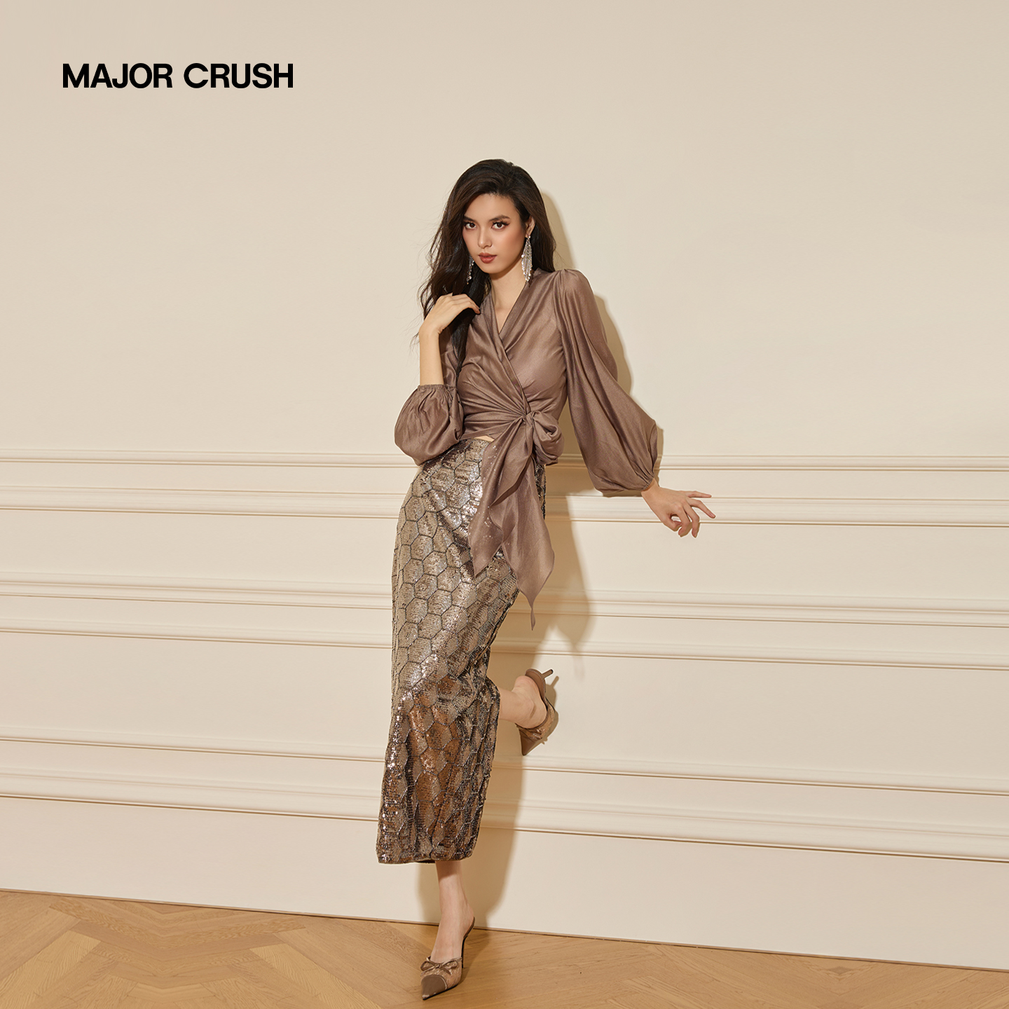 MAJOR CRUSH法式秋款璀璨流光浪漫风情气质设计感优雅套裙73949