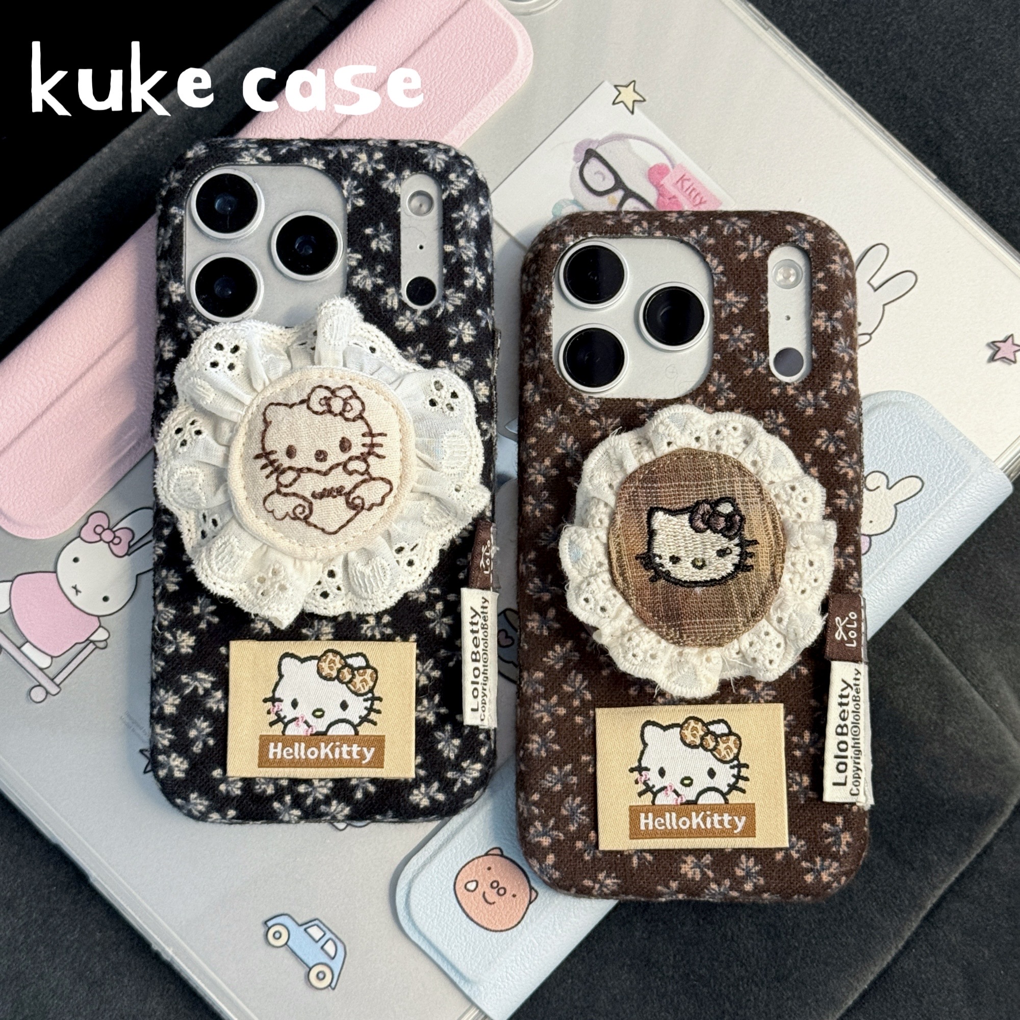 【适用苹果】ins复古森系布艺碎花蕾丝边Kitty磁吸硬手机壳iPhone17