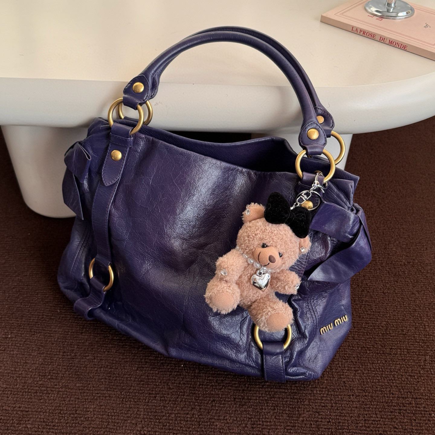 95新 MIU MIU/缪缪 紫色蝴蝶结油蜡皮托特单肩包