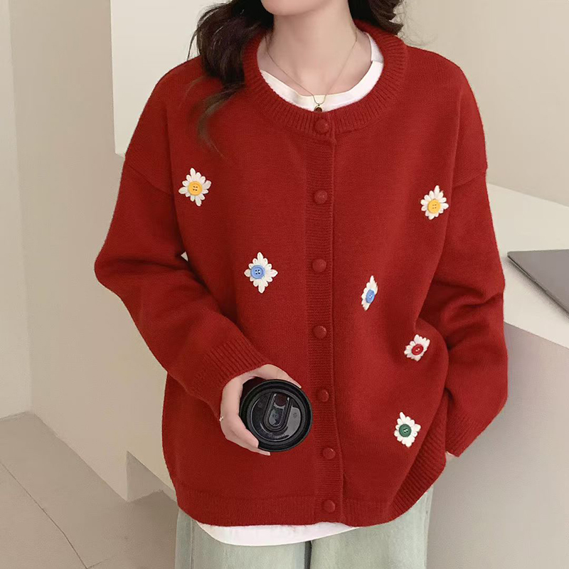 2125秋冬季新款柔软针织开衫女百搭宽松圆领外套慵懒风加厚毛衣