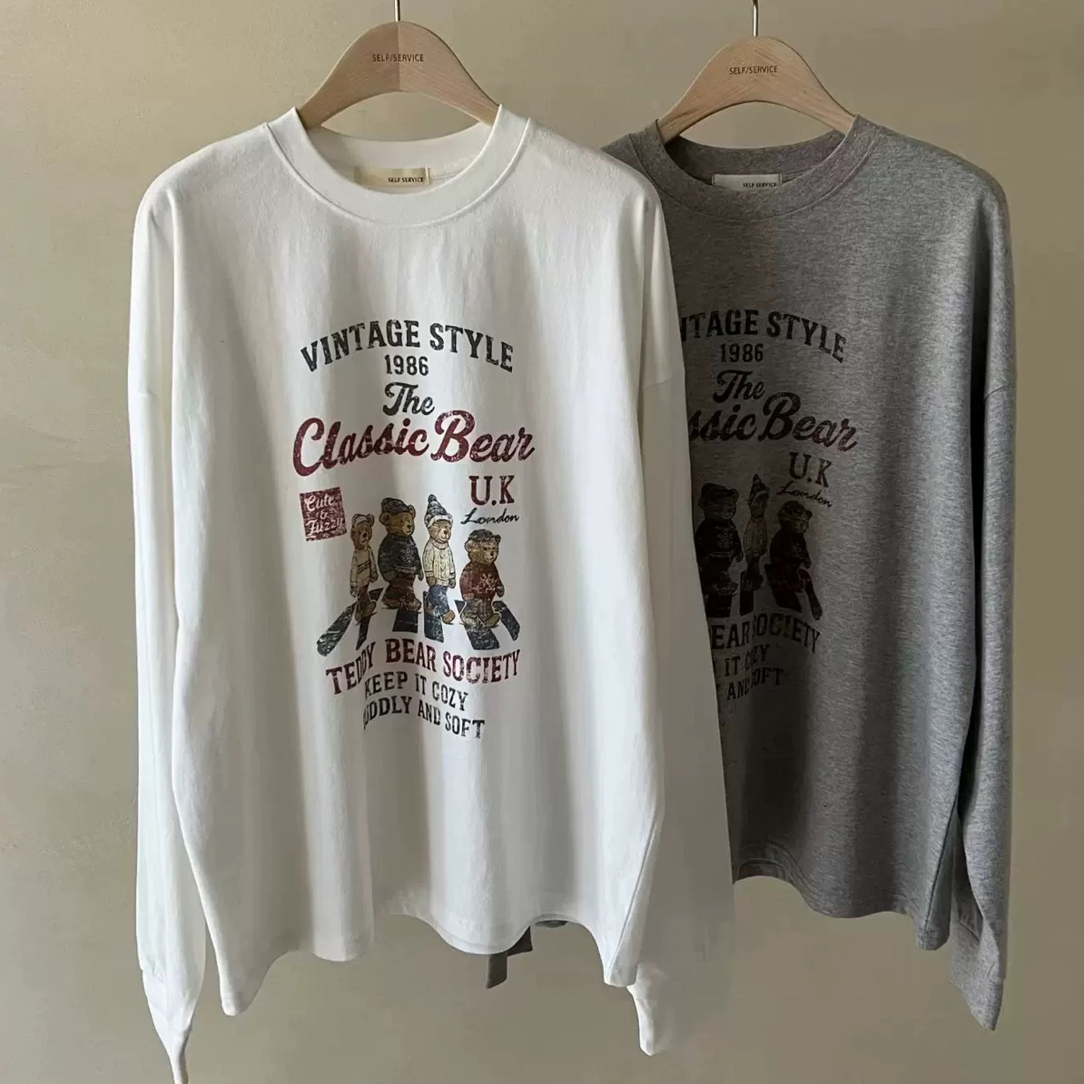 SELF SERVICE 韩国东大门小熊卡通圆领长袖T恤