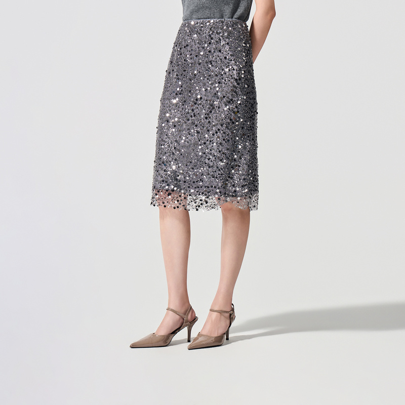 LANCY/朗姿2026春季新款时尚高级感重工亮片直筒包臀中长款半身裙