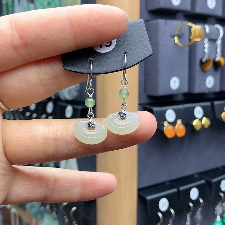 和田玉耳饰银S925镶嵌