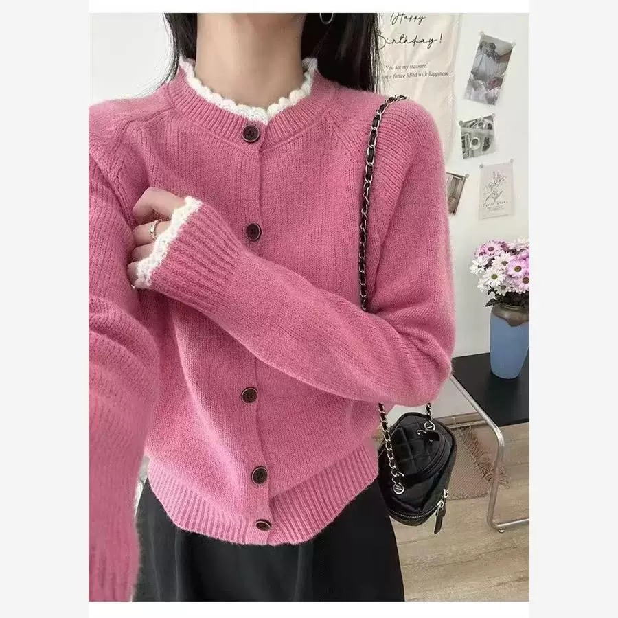 2025秋季新款慵懒风圆领女士毛衣外套短款纯色上衣针织开衫