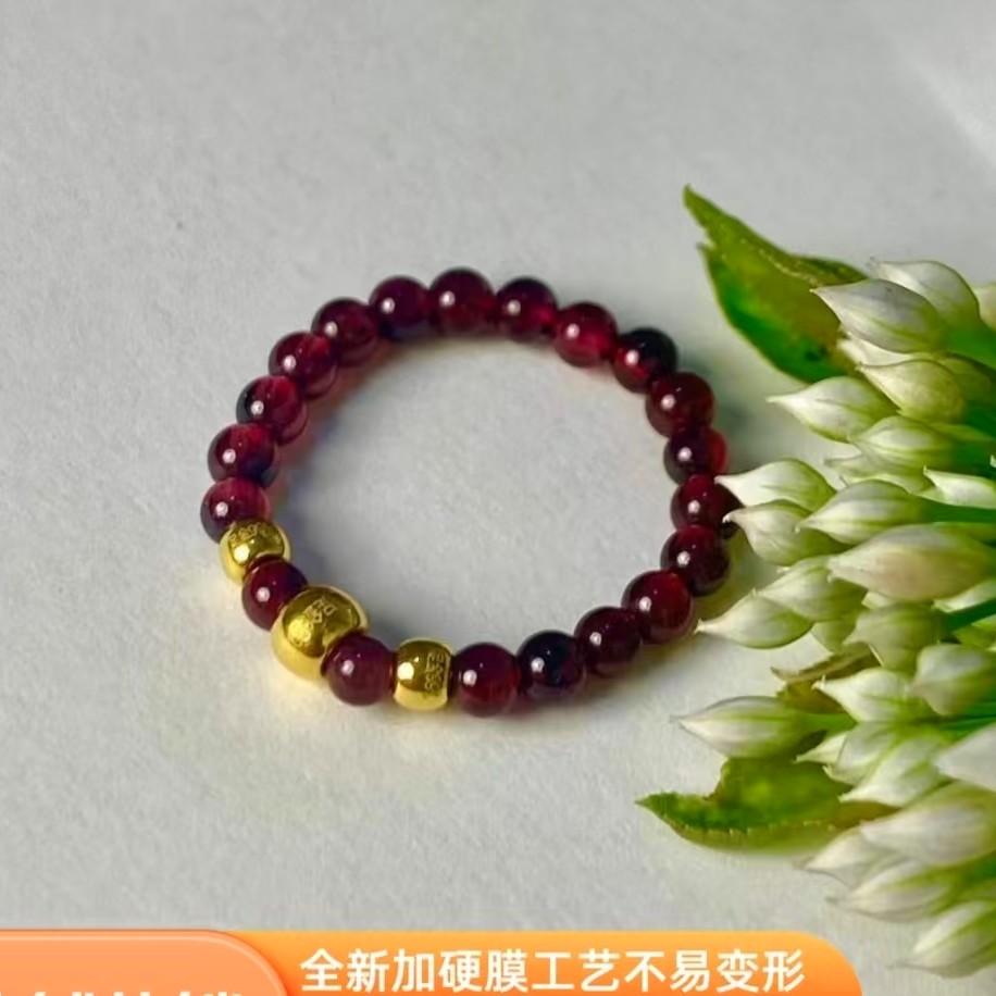 【黄金补贴】足金圆珠搭配石榴石三生三世时来运转女士戒指（带证书）