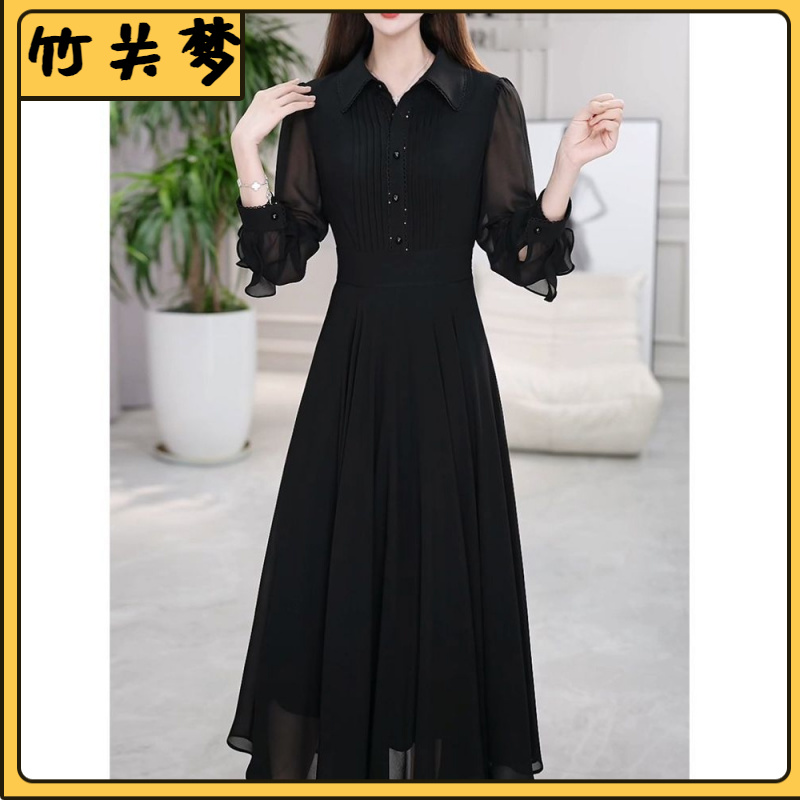 I感春秋长袖连衣裙女2025年早秋新款妈妈衬衫显瘦长裙子l