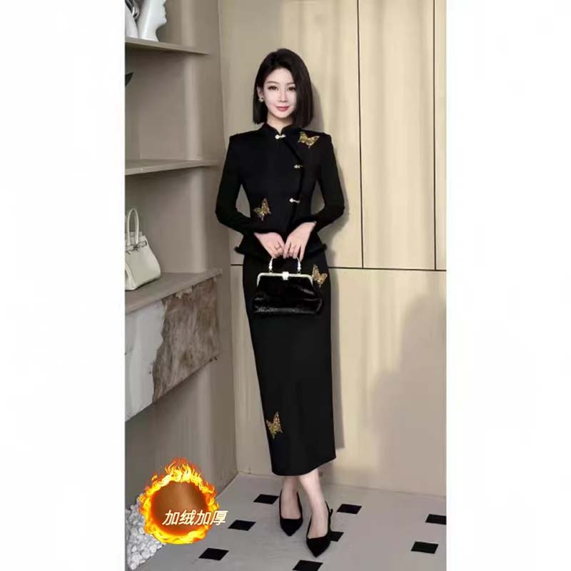 【V】【加绒加厚】【两件套】新中式国风套装小香风裙子两件套QJ0293