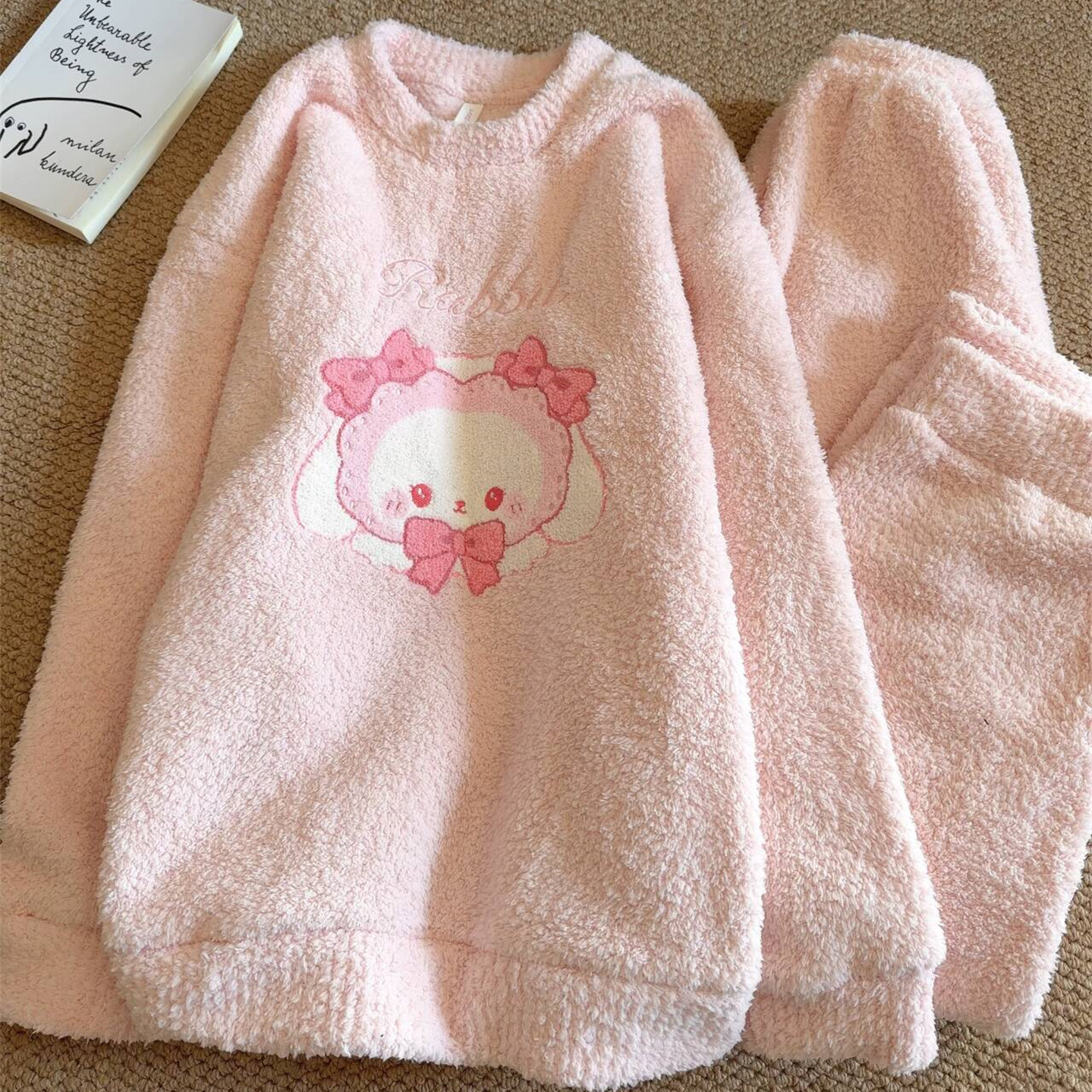 半边绒韩国秋冬季睡衣女卡通加绒加厚珊瑚绒保暖家居服套装可外穿