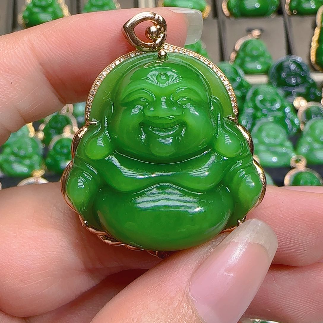 和田玉（碧玉）吊坠(不含链)18K金镶嵌紫*