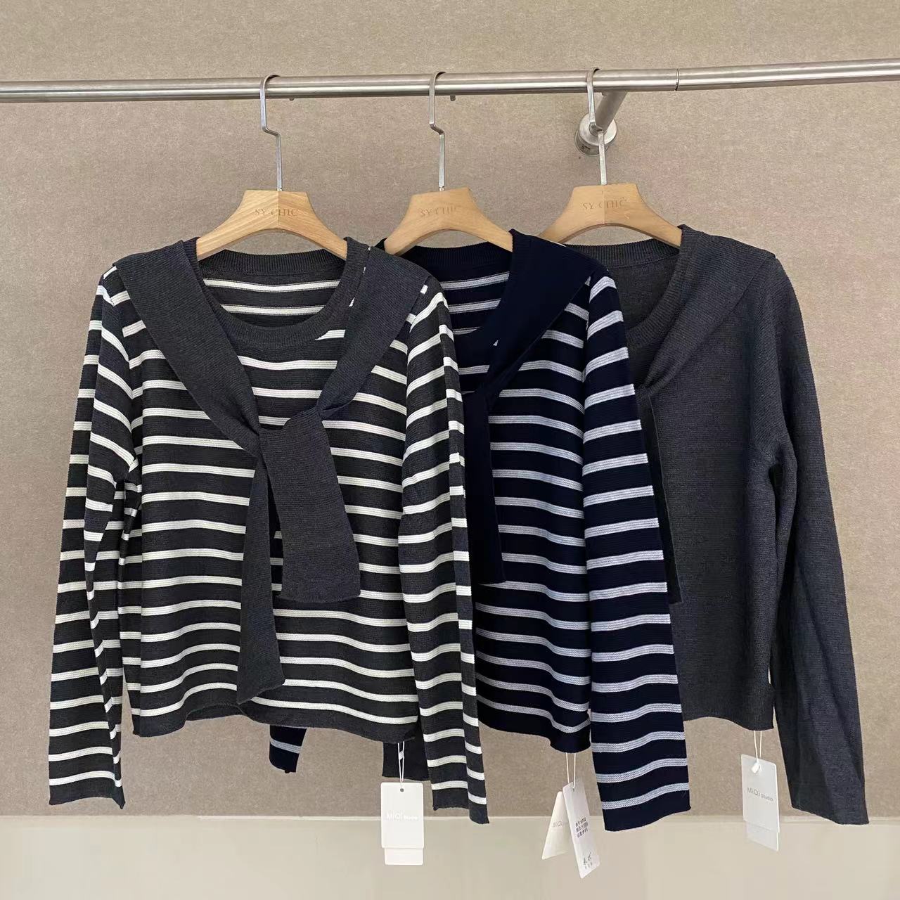 条纹披肩上衣女早秋新款简约休闲百搭上衣9702