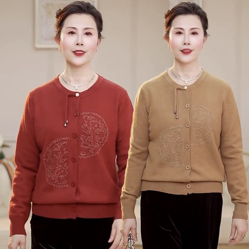 气质妈妈装春秋季新款针织衫开衫长袖大码中年女装时尚国风薄外套