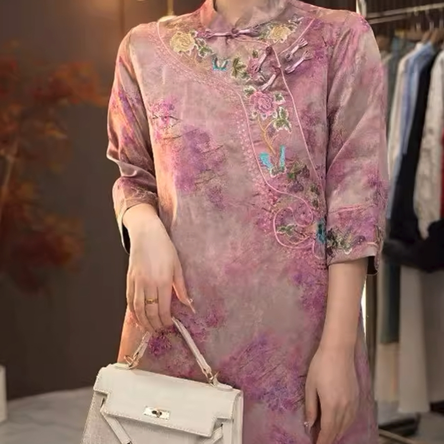 [紫枝牡丹]新中式刺绣斜襟中长款气质优雅衣服外套2025A0281-小美