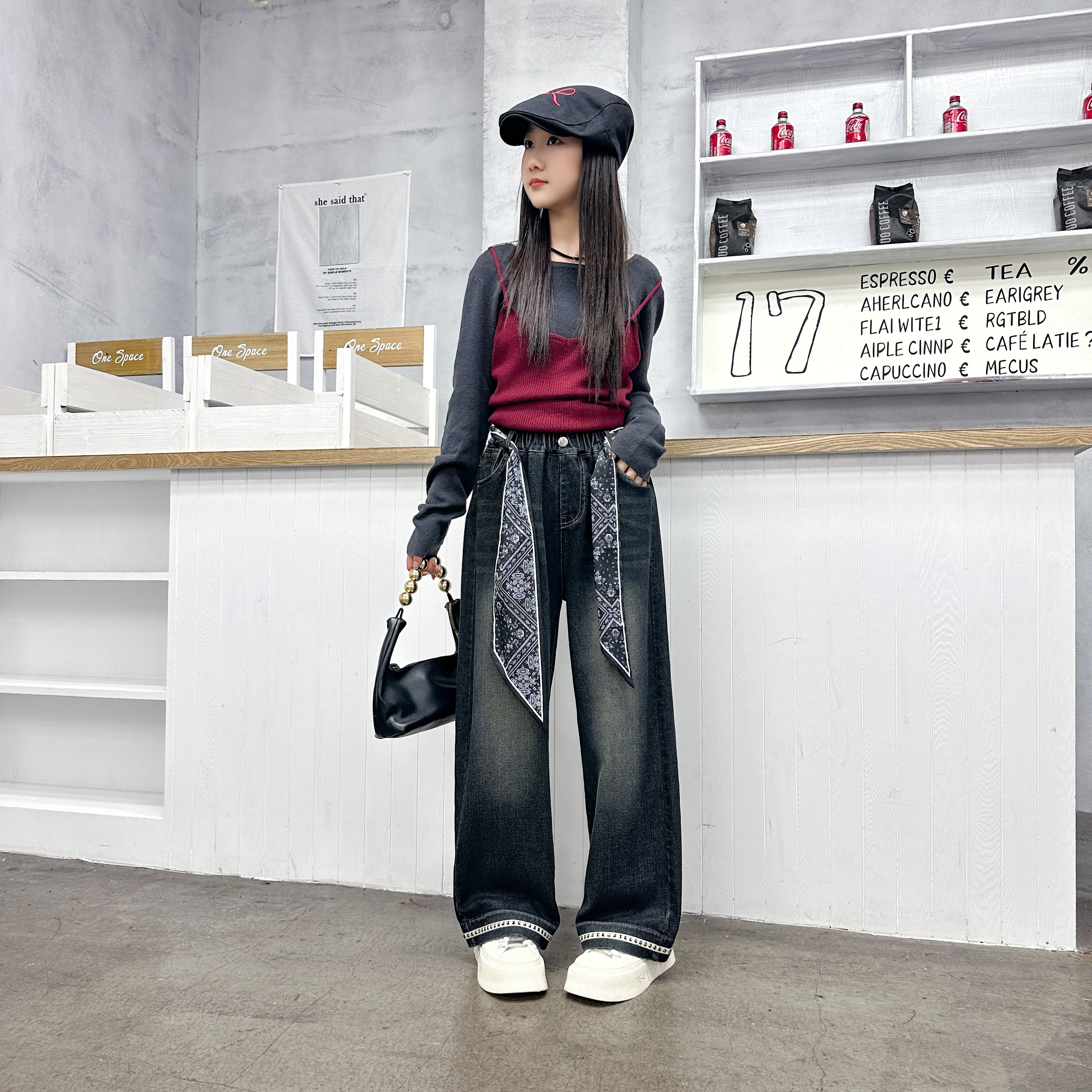 秋季高腰女大童牛仔裤原色花边百搭洋气直筒裤2025宽松时尚阔腿裤