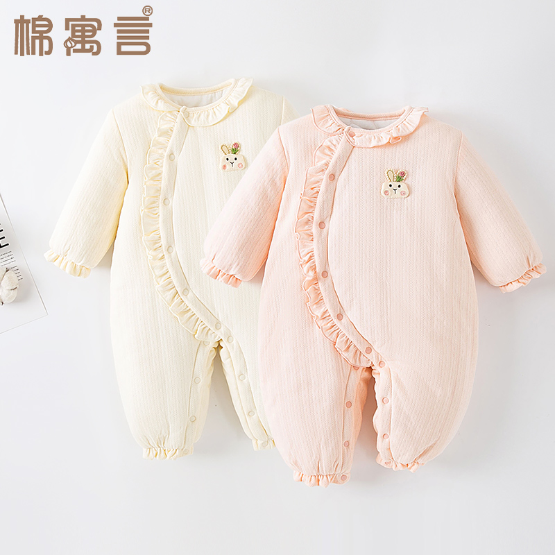 婴儿秋冬季连体衣可爱超萌木耳边连身保暖哈衣加厚夹棉宝宝爬爬服
