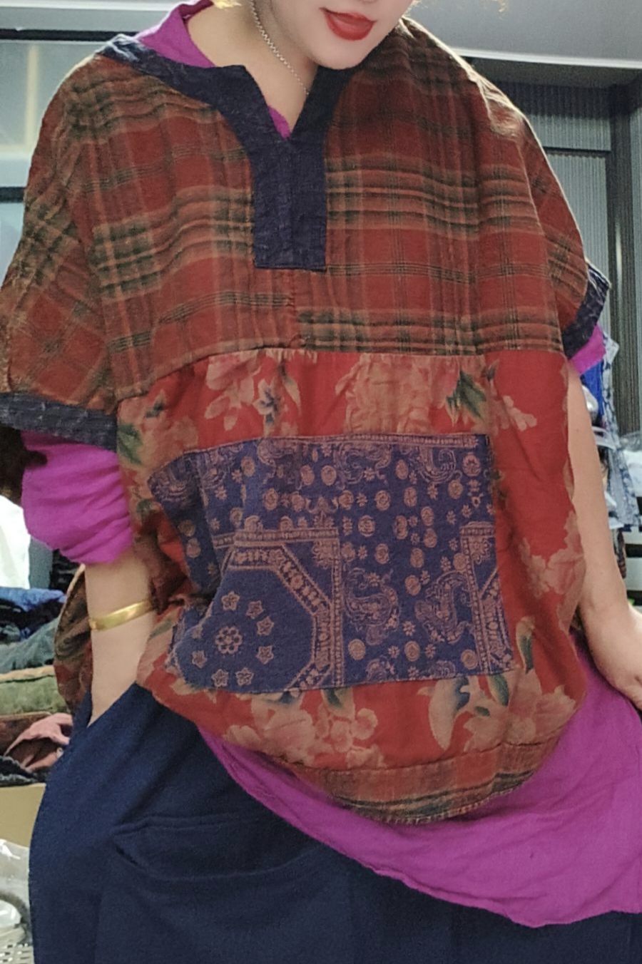 无吊牌炒洗做旧拼红花老布套头衫随机发