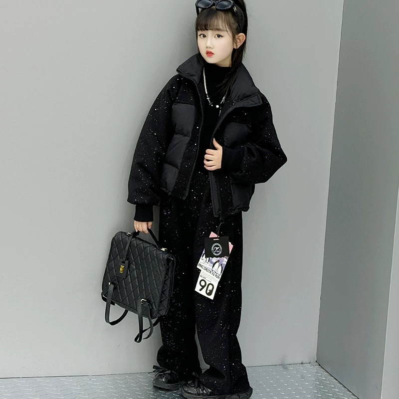 女童中大童秋冬季新款满天星棉服直筒裤韩版时尚炸街套装加厚保暖