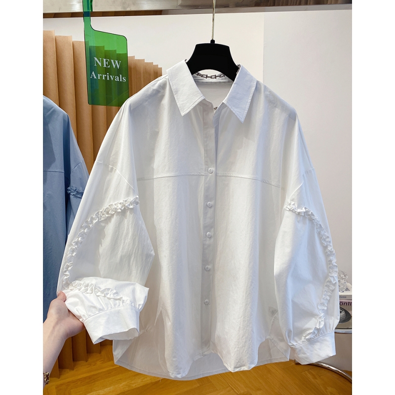 P932高级感木耳边拼接白色衬衫女长袖新款宽松大版遮屁股翻领上衣