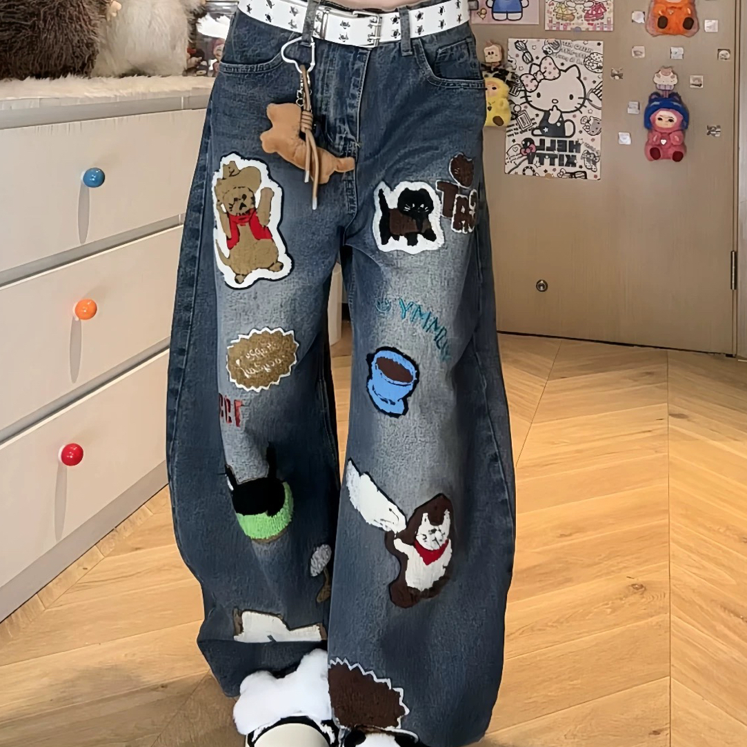 小猫卡通毛巾绣弯刀牛仔裤