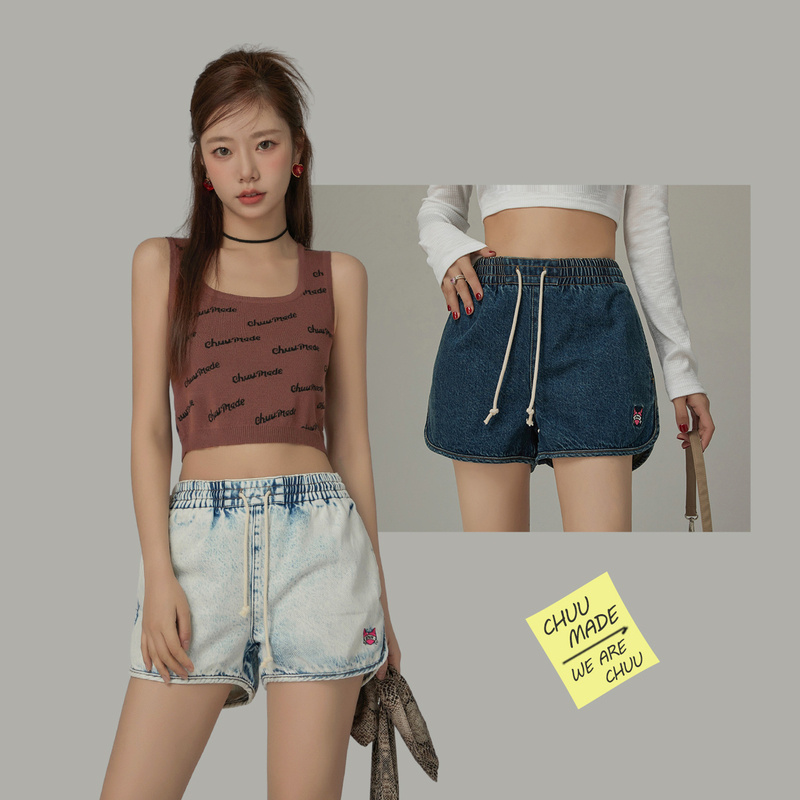 0007【金拐子专属】CHUU高腰直筒宽松抽绳个性阔腿宽松牛仔裤-F