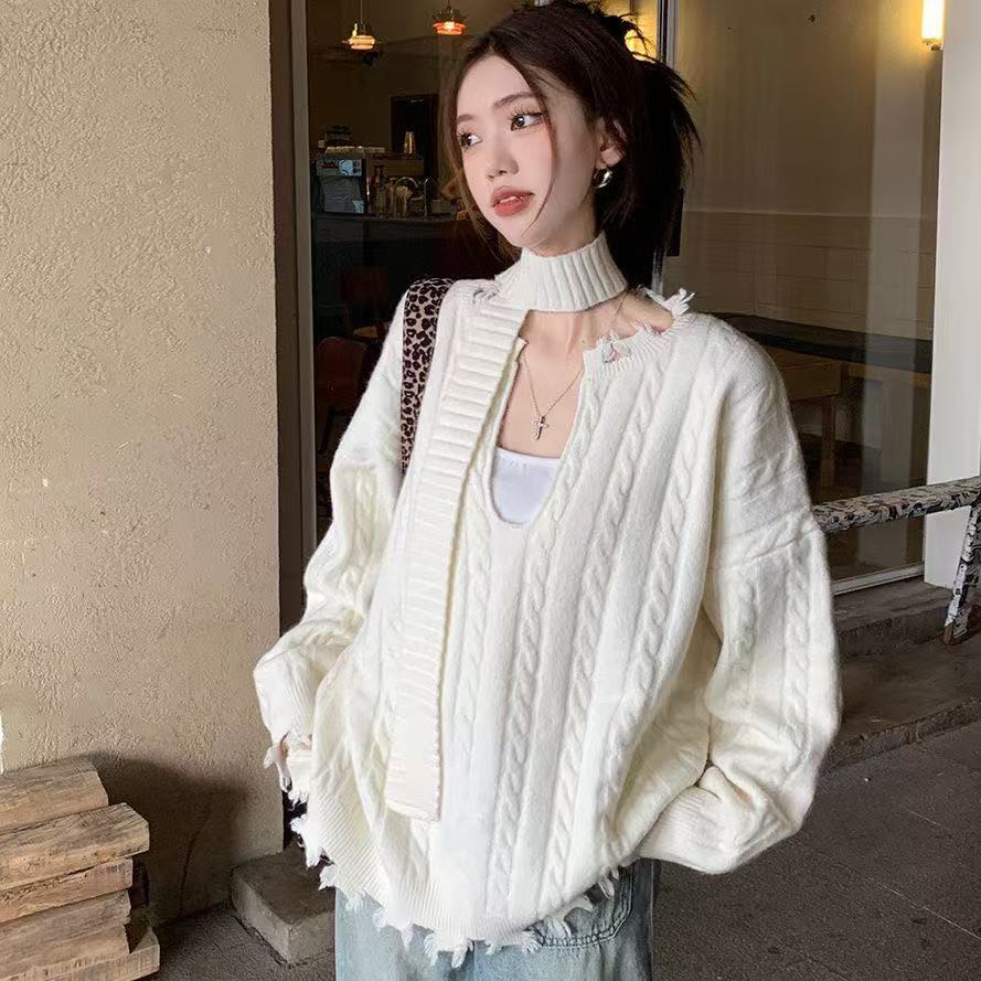 破烂设计感U领纽花套头毛衣女秋季新款慵懒纯色高级感针织衫上衣