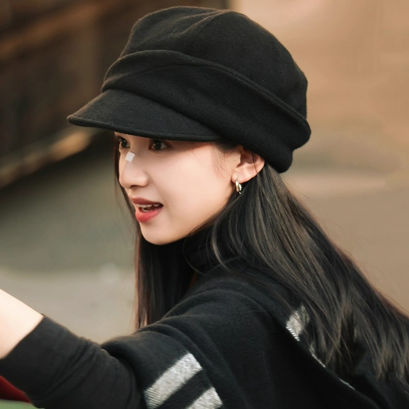 张婧仪同款黑色鸭舌帽女秋冬户外保暖毛呢贝雷帽复古八角报童帽