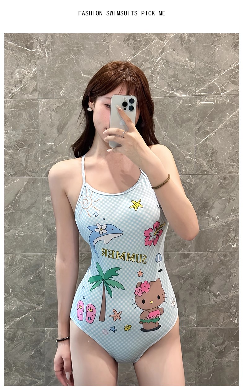 新款连体竞速泳衣女卡通运动游泳度假温泉保守学生少女韩ins小胸