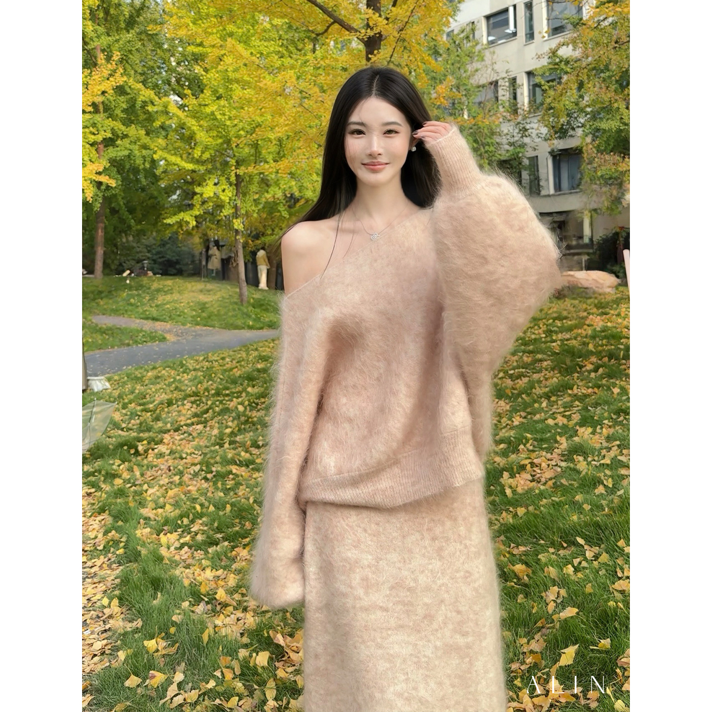 阿琳ALIN【逅海】秋冬马海毛一字肩上衣直筒半裙百搭套装女AL5PZZ12