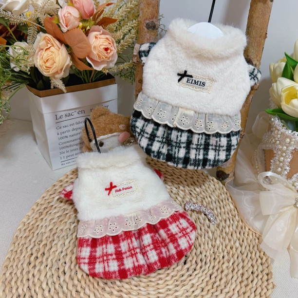 冬款宠物服加绒飞袖兔毛格子南瓜裙