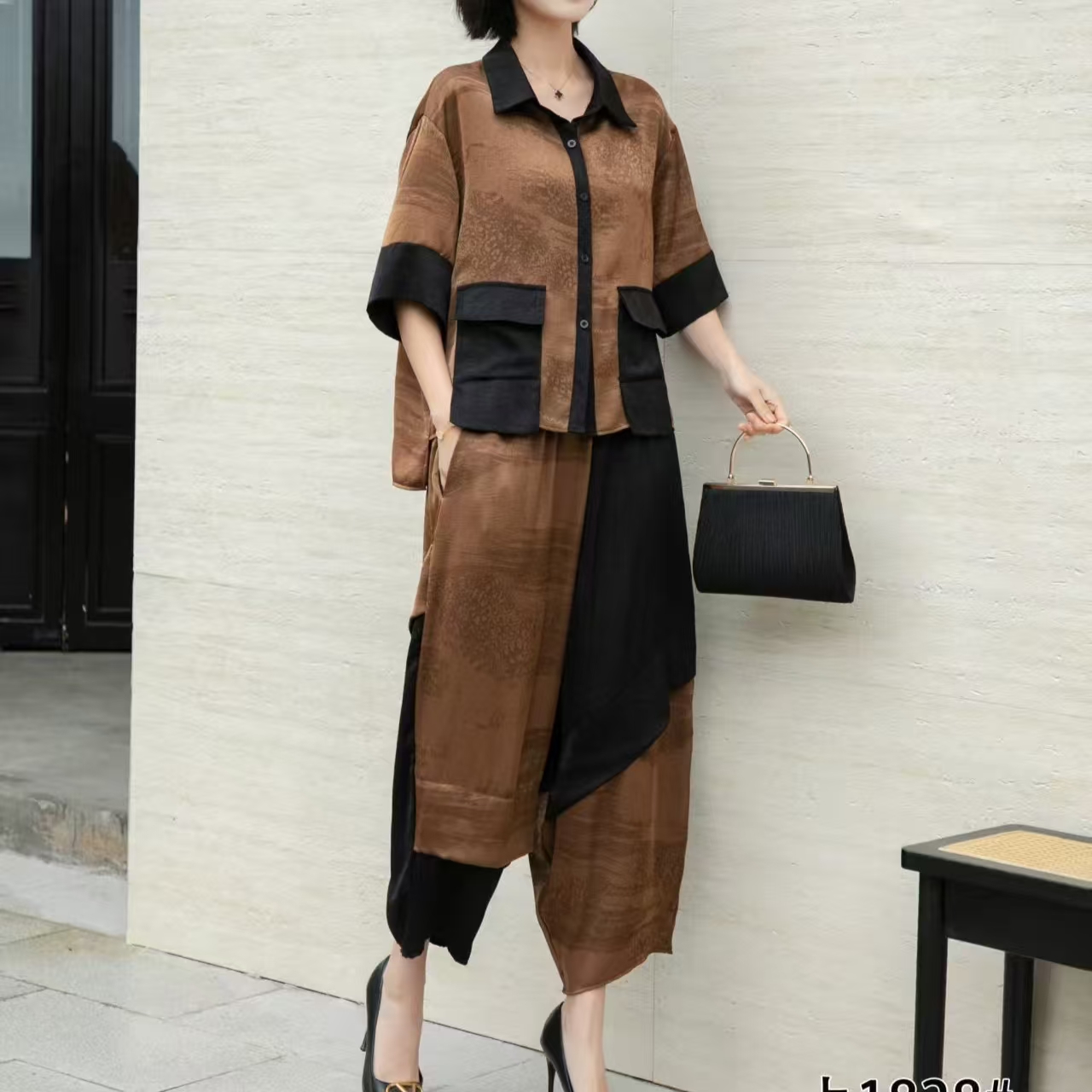 夏季时尚休闲宽松翻领衬衣短袖女士两件套套裤
