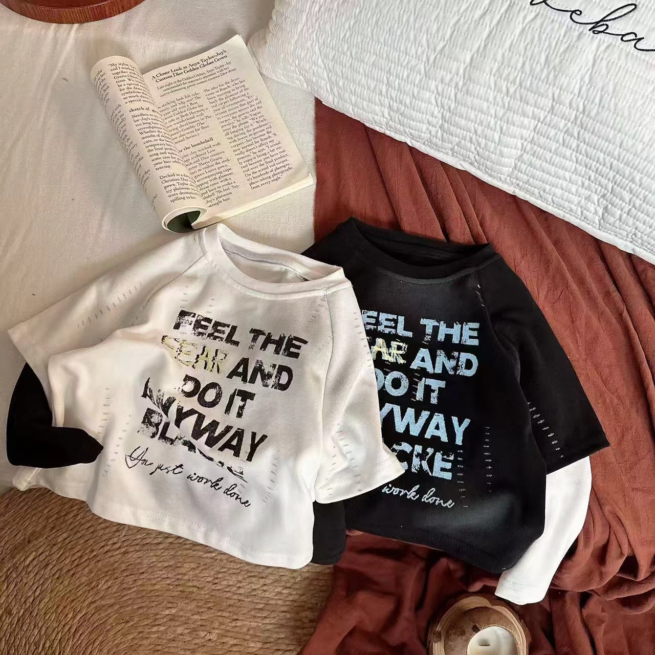 2025秋季新款街头字母印花T恤男童晕染假两件内搭纯棉打底衫-1218